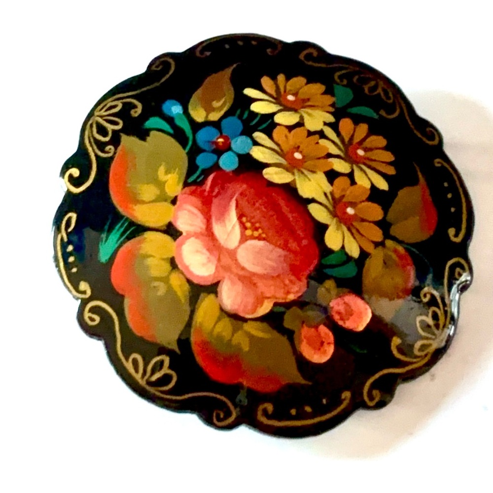 Vintage Signed Russian Lacquer Floral Brooch - Artist Vasilieva